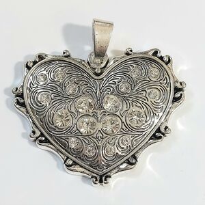 Large Silver And Rhinestones Heart Necklace Pendant